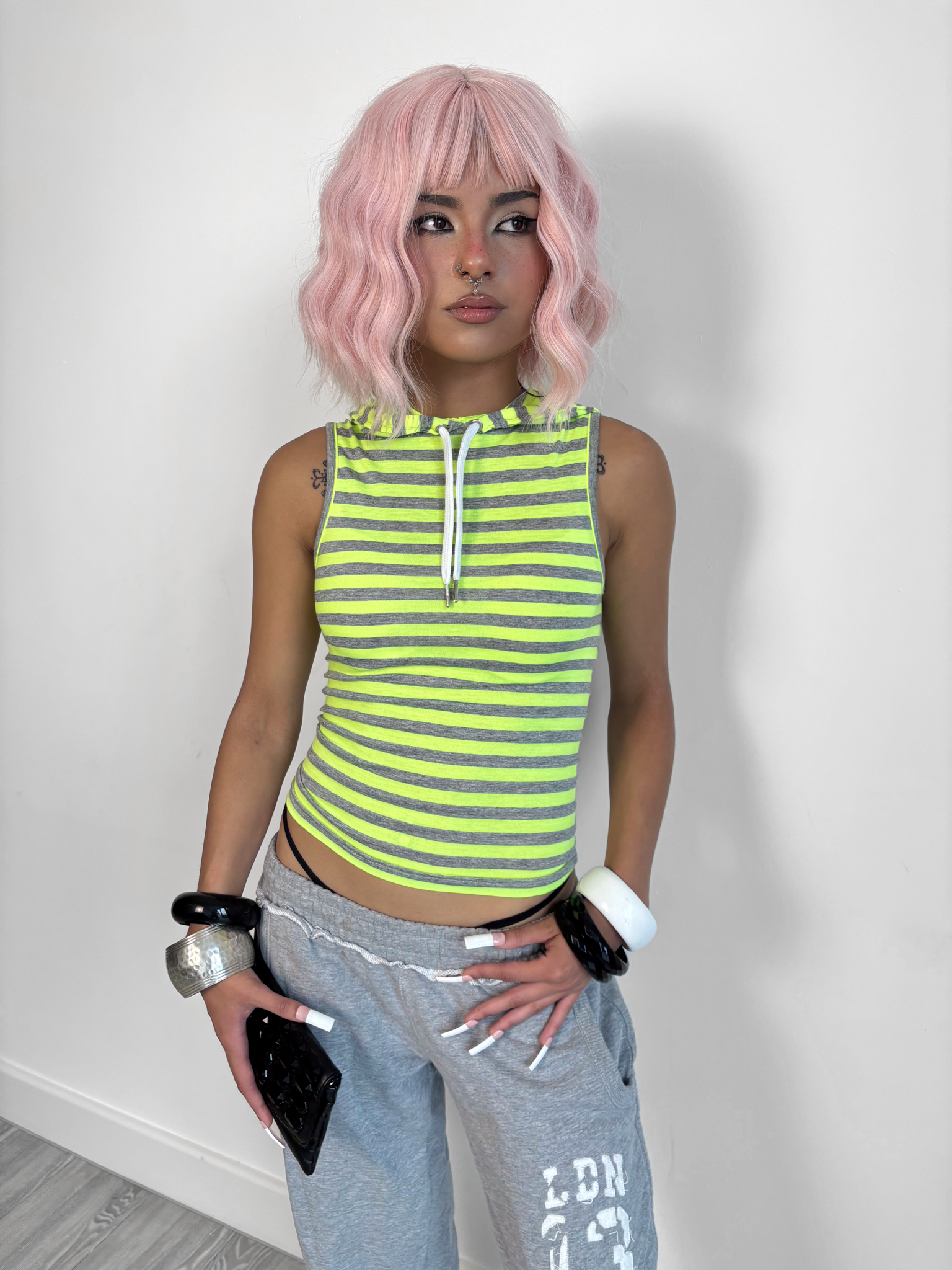 Yellow Grey Stripe Hooded Tank
