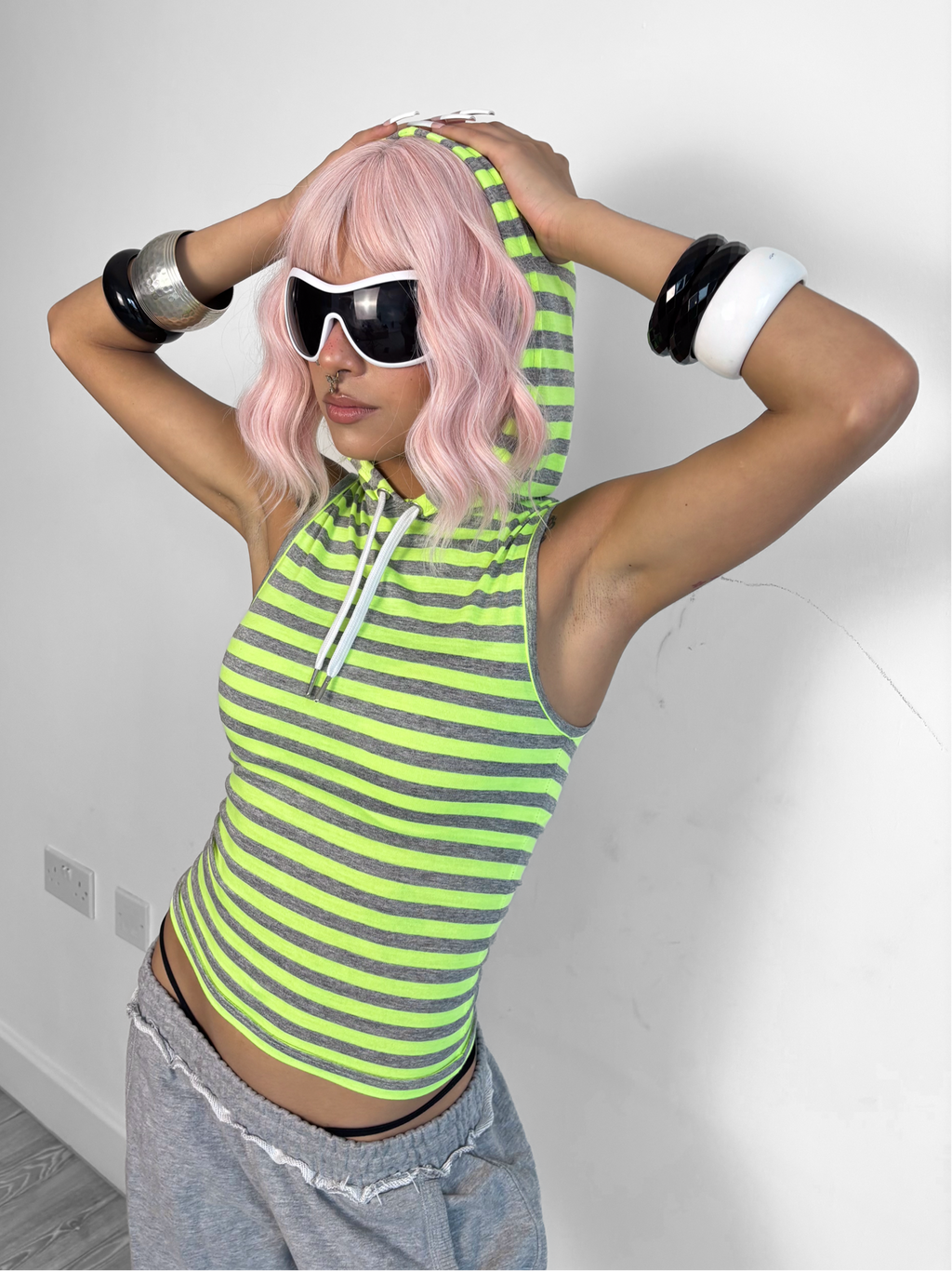 Yellow Grey Stripe Hooded Tank