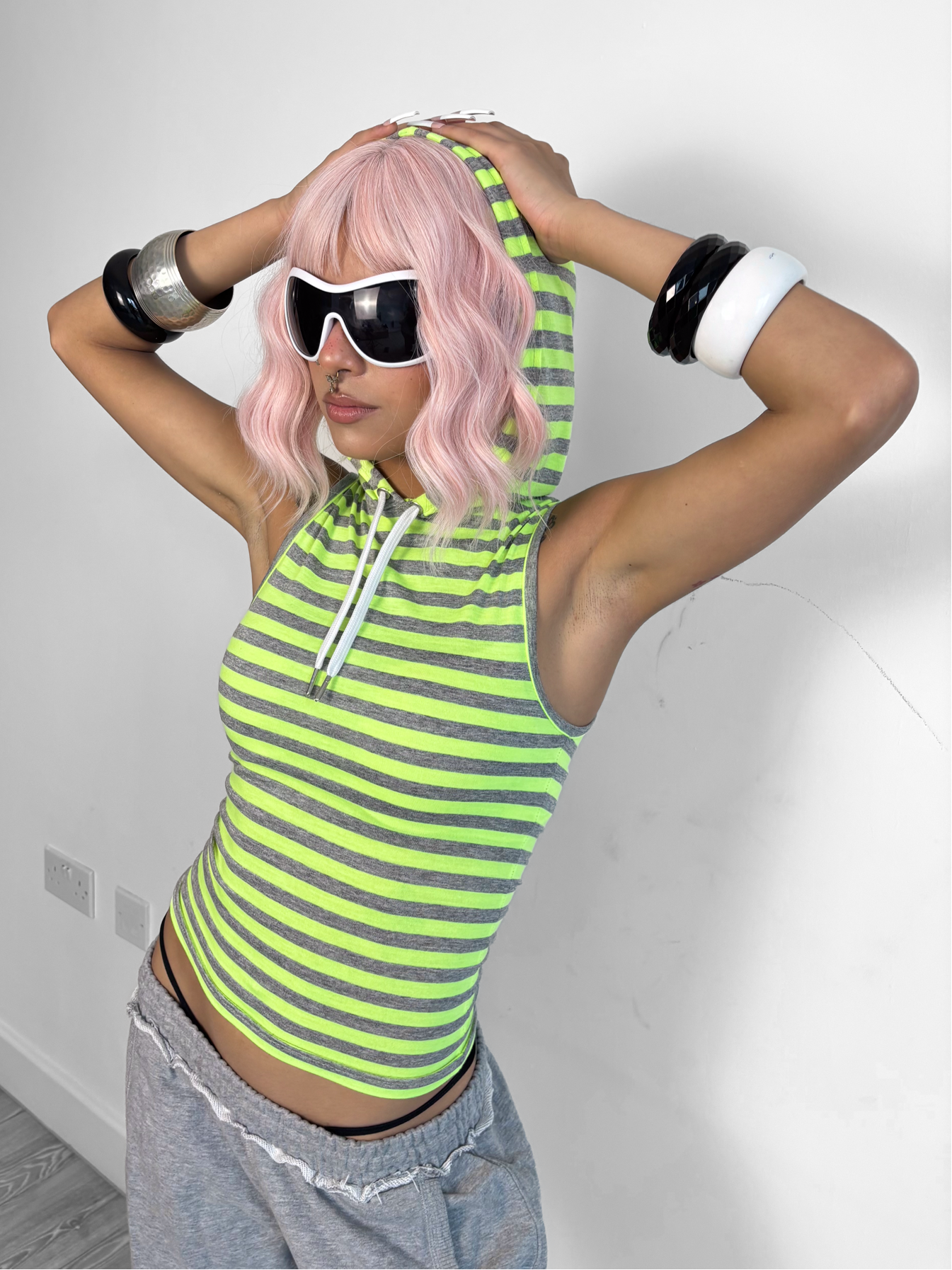 Yellow Grey Stripe Hooded Tank